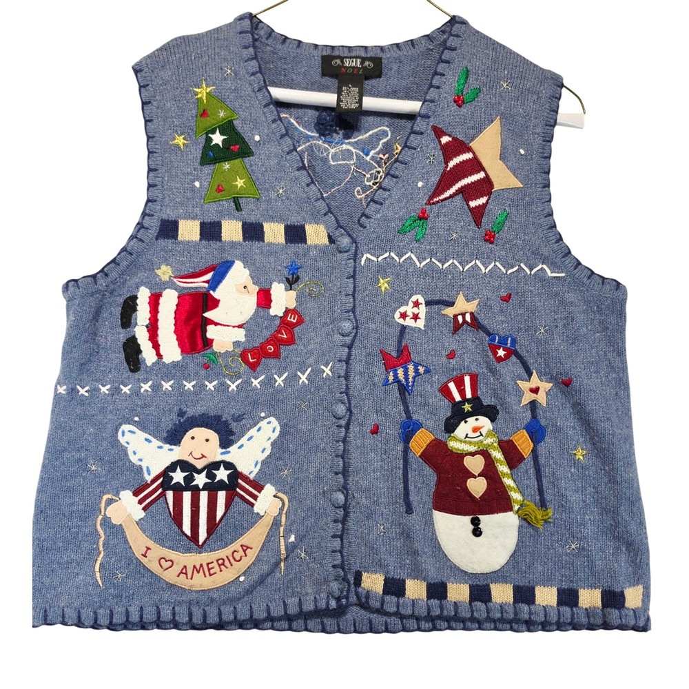 Vintage Segue Noel Patriotic Christmas Sweater Vest Blue Ramie Wool Large